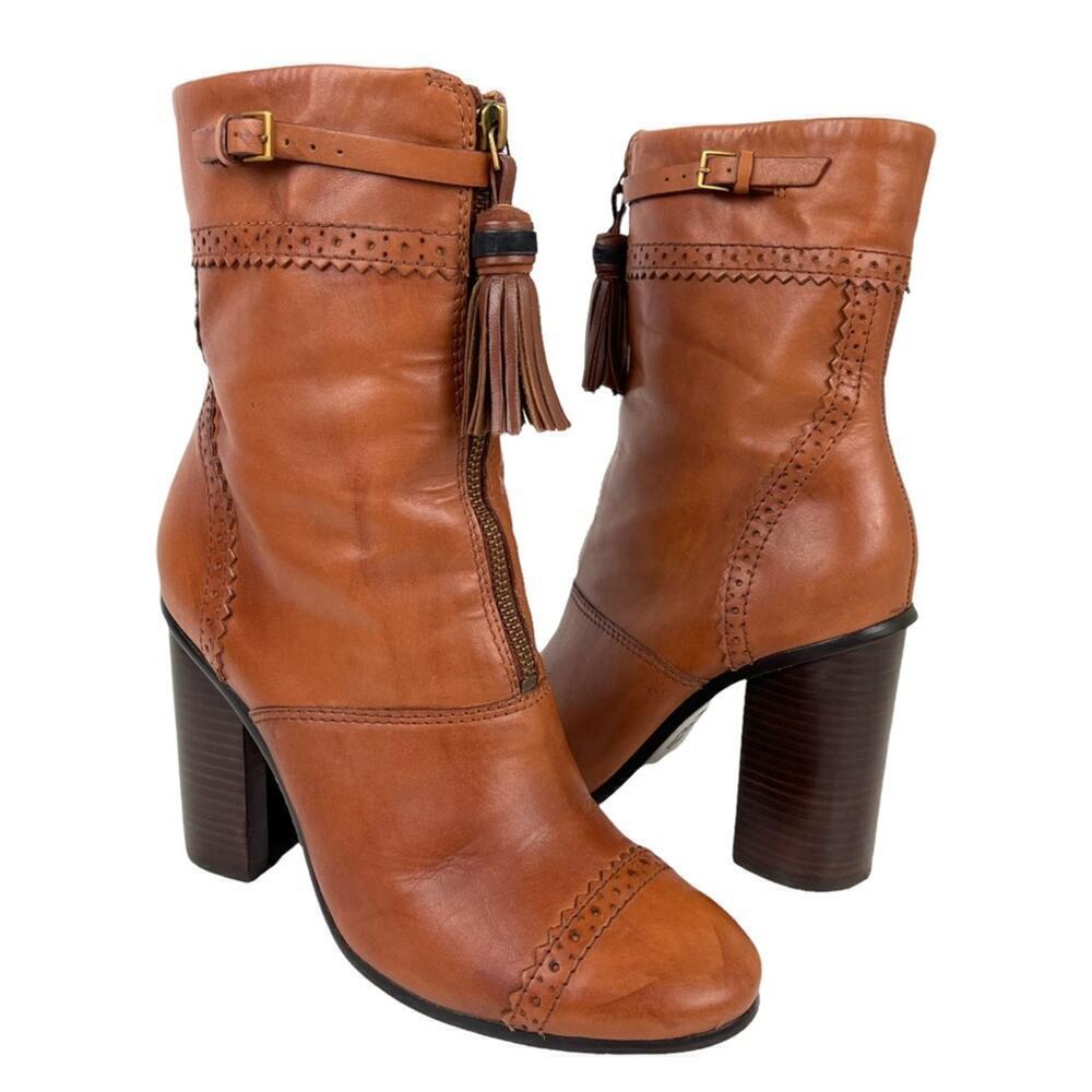 TORY BURCH Womens Size 8 Huxley Brown Leather Ankle Boots Tassel Zipper Shoes
